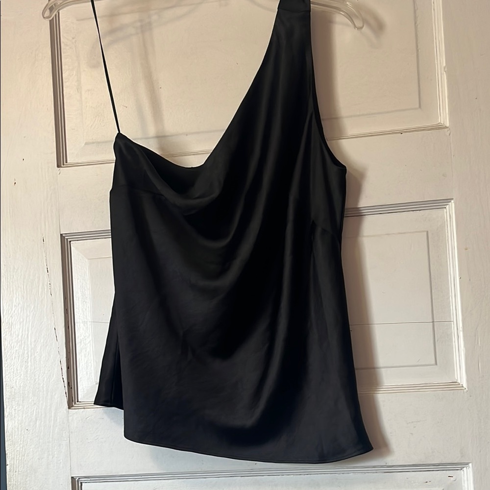 Black One-Shoulder Satin Top from Express